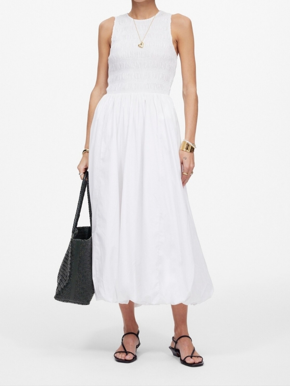 Madewell The Melody Bubble-Hem Smocked Midi Dress in Poplin. Size L